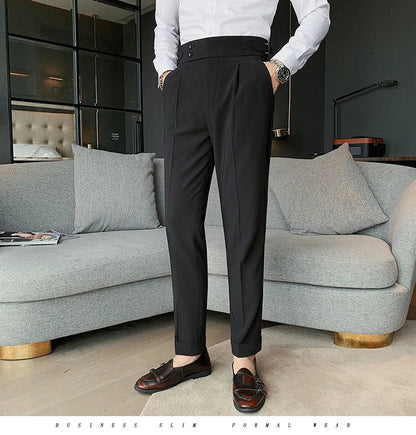 Men British Style Suits Pants New Male Solid High Waist Trousers High Quality Men Formal Slim Fit Business Casual Suit Pants