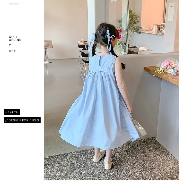 Summer Junior Girl Sleeveless Dress Solid Side Big Pockets Blue Ruched Dress For 2-10Y Girls Casual Round Collar Baby Girl Dress