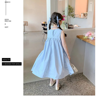 Summer Junior Girl Sleeveless Dress Solid Side Big Pockets Blue Ruched Dress For 2-10Y Girls Casual Round Collar Baby Girl Dress
