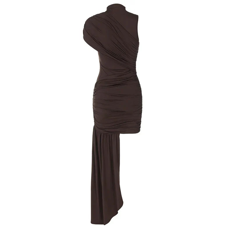 Irregular Draped Ruched Sexy Mini Dress For Women Elegant Turtleneck Sleeveless High Waist Pleated Club Party Dress