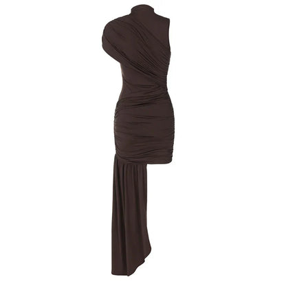 Irregular Draped Ruched Sexy Mini Dress For Women Elegant Turtleneck Sleeveless High Waist Pleated Club Party Dress