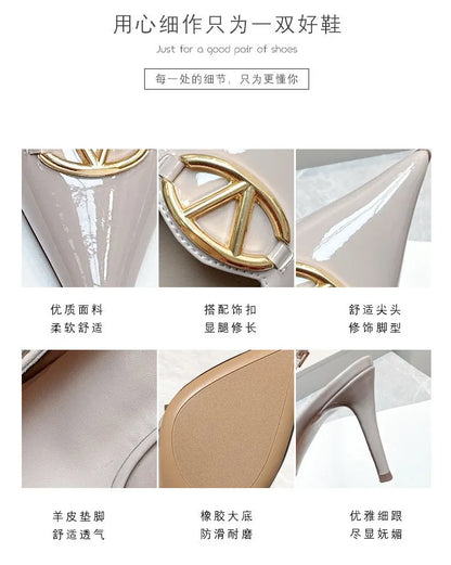 Thin heeled Baotou sandals for women's summer 2026 new style, pointed back strap, metal buckle, versatile high-heeled sandals