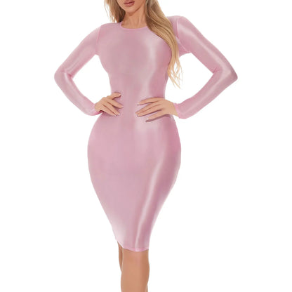 Womens Oil-shiny Bodycon Dress Long Sleeve Hip Wrap Sleep Dress Sexy Nightwear for Clubwear Performance Cocktail Party Costume