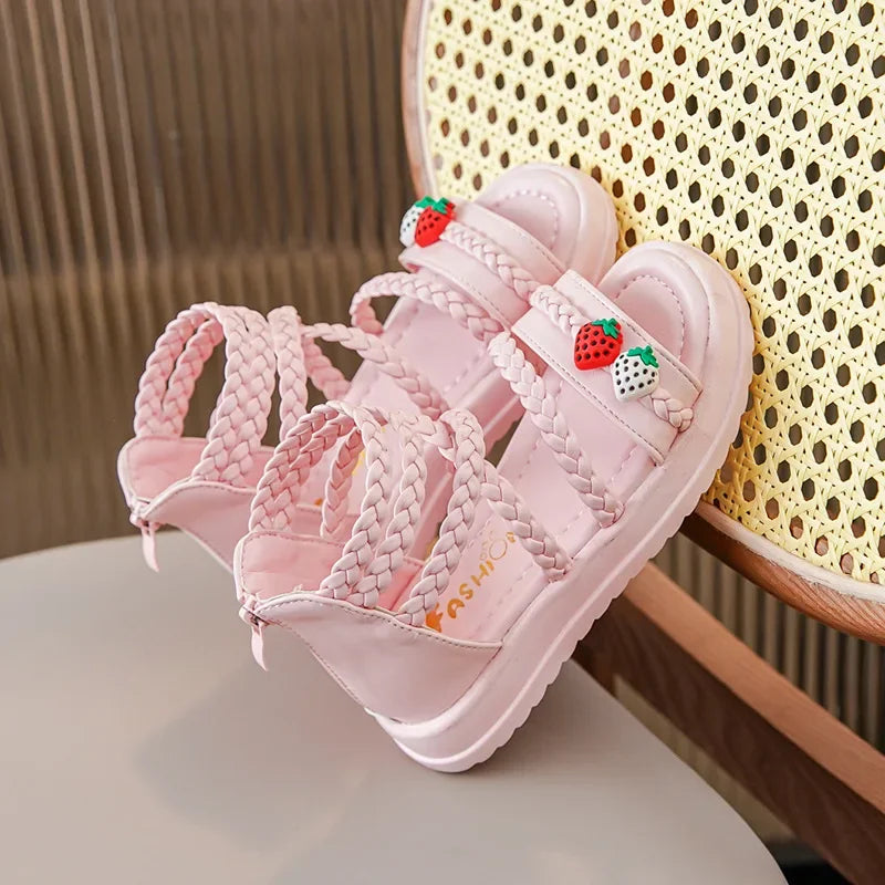 Kids Girls GLADIATOR Sandals Open Toe Knitted Strawberry Summer Non Slip Flat Fashion Children Casual Shoes Roman Shoes Simple