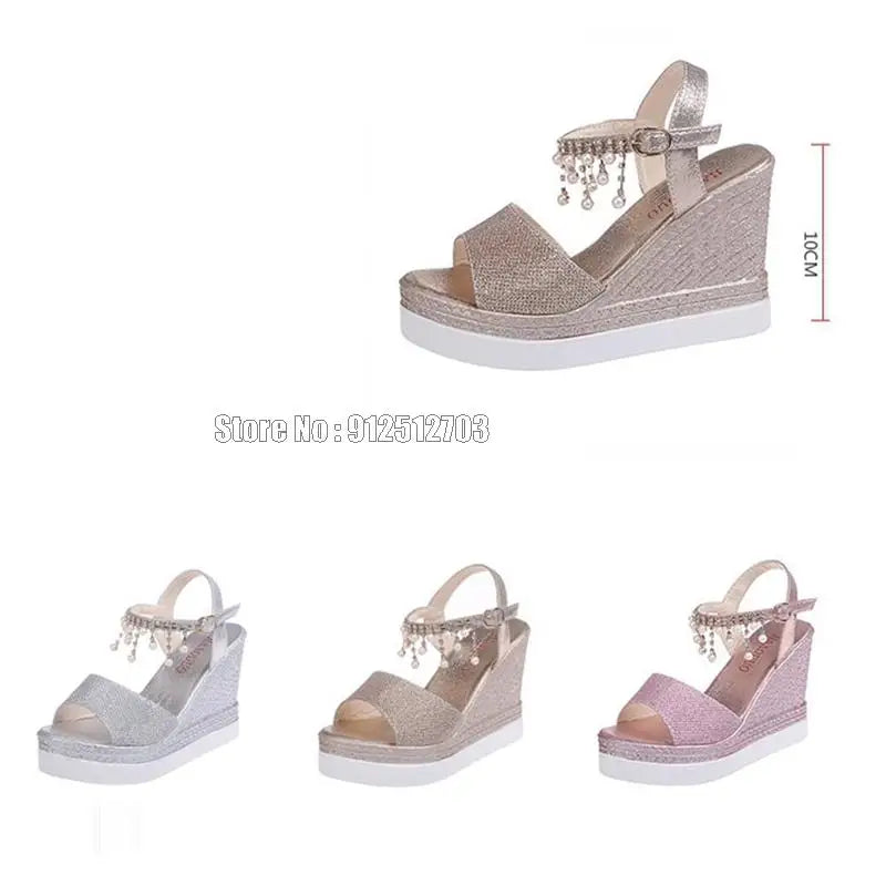 Girls Sandals Summer New Women Pump Fashion Rhinestone Platform Wedge Casual Female 10cm Ladies High Heels Shoes