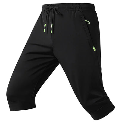 2024 Black Summer New Running Loose Ice silk Zipper Pocket Seven Quarter Pants Men Thin Casual Beach Over Knee Straight Shorts