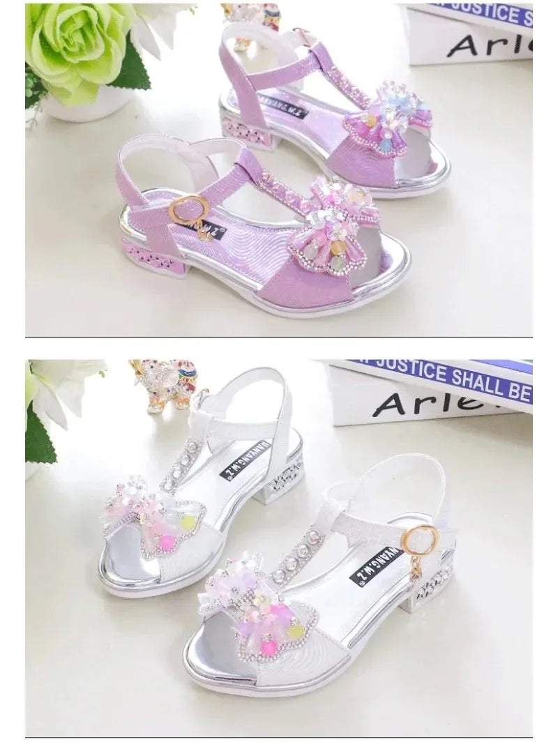 Girls Dance Shoes Non-slip Soft Sole Kids Princess Shoes T-strap Open Toes 2025 Summer New Children Sandals Sweet Bows Non-slip