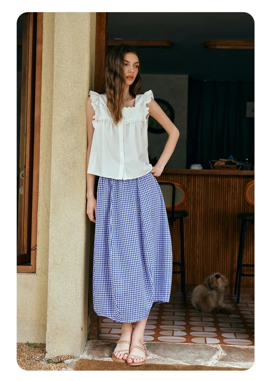 Women's Summer 2026 Midi Elastic Waistband Skirt Elegant Office Ladies Blue Plaid BUD Skirt Female Clothes O57XB99598