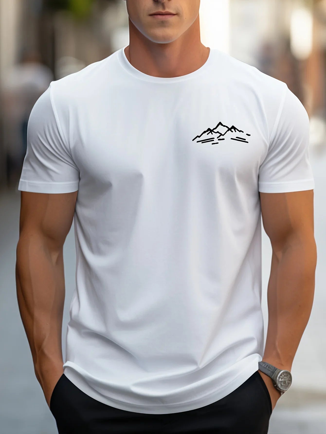 Men's summer 100 cotton fashionable casual sports loose plus size mountain pattern printed round neck short sleeved T-shirt
