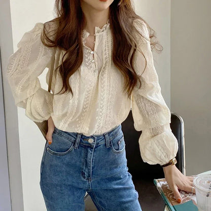 New Chic Spring Autumn  Lace Women Fashion Blouse Long Sleeve Casual Elegant Office Loose Shirt Collar Elegant Top Clothes