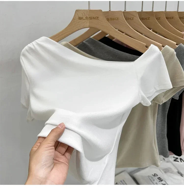 Womens Long Sleeve Off Shoulder T Shirts 2026 Tight Knit Sexy Slim Fitted Casual Women's Basic Tops Cropped T-Shirt