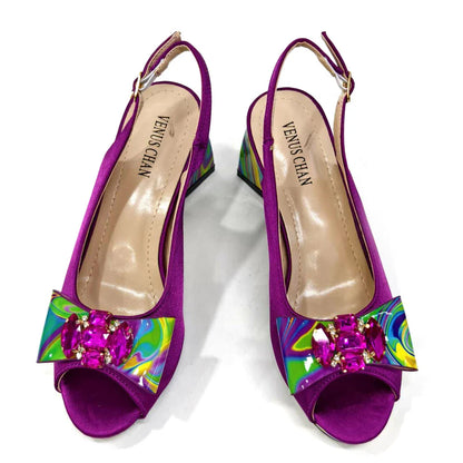 Fashion Purple Color Painted Rhinestones Elegant Peep Toe Sandals Shoes and Bag Set Italian Heels for Womens