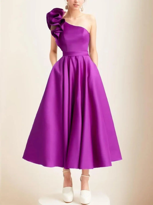 Women's One Shoulder Elegant Evening Dress with Pockets Satin Tea Length A Line Formal Wedding Guest Dress Prom Dresses