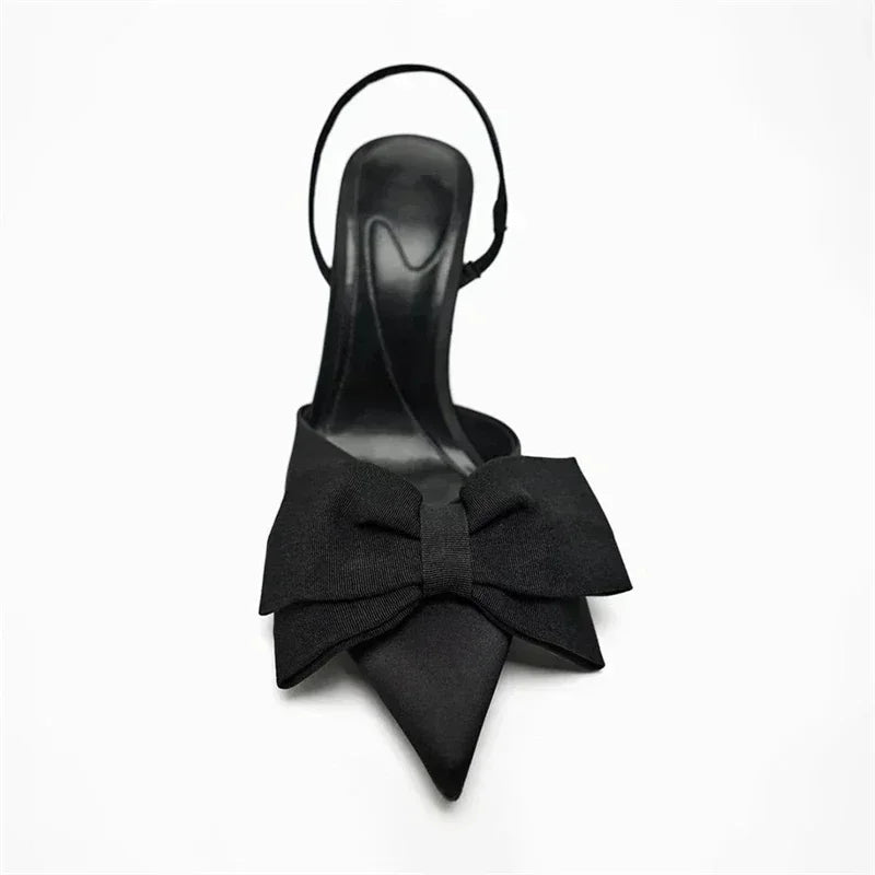 Luxury Silver High Heeled Sandals Women Sexy Pointed Toe Back Strap Thin Heels for Women Elegant Bow Design Banquet Dress Shoes