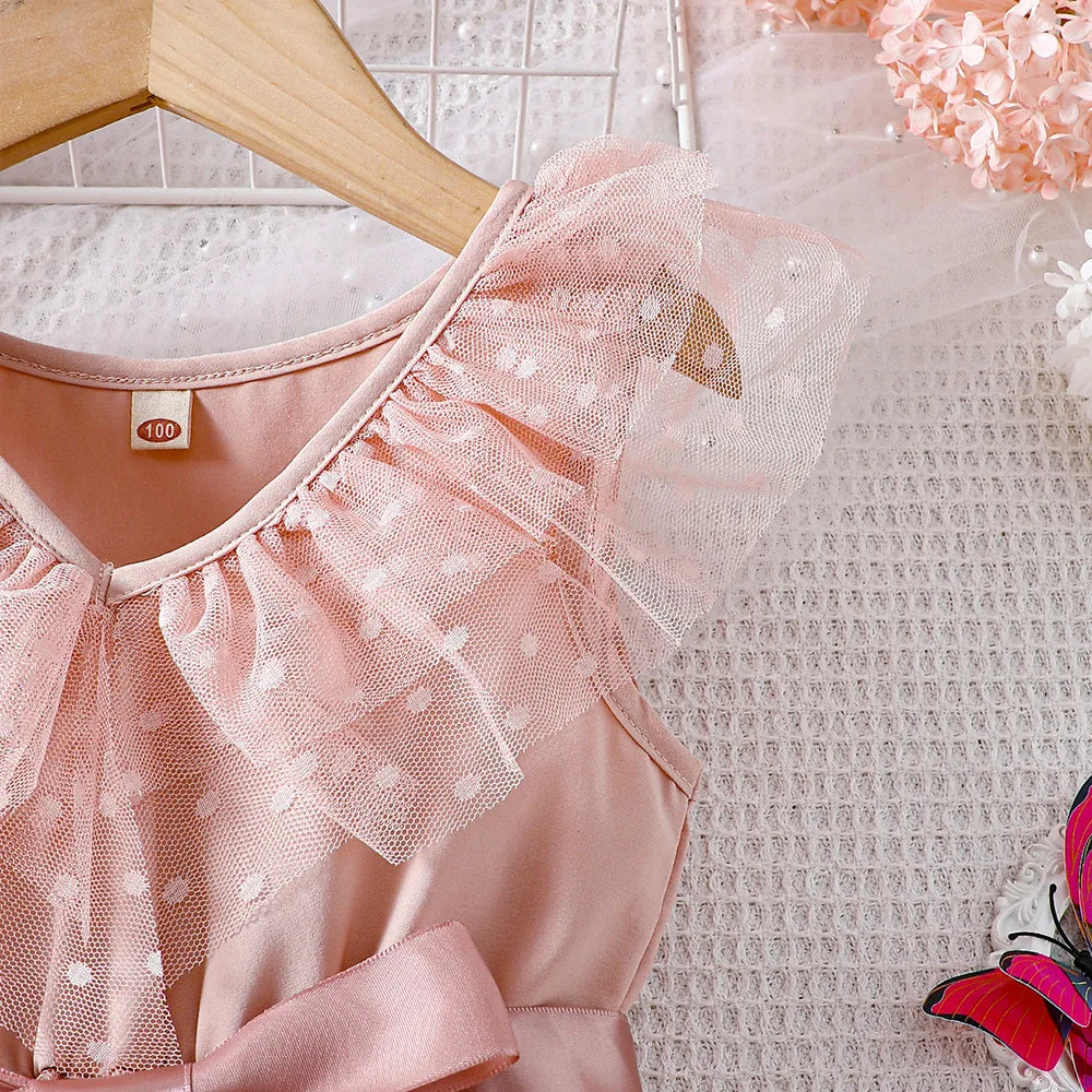 Toddler Girls' Pink Polka Dot Mesh Dress - Flutter Sleeves, Big Bow Waist, Sweet Spring & Summer Princess Dress