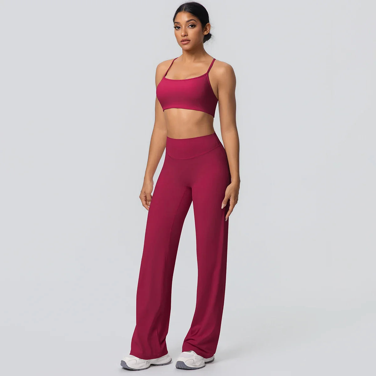 Women Gym Sports Yoga Suit Sexy Beautiful Back Yoga Underwear With Chest Pad Solid Color High Waisted Wide Leg Pants Yoga Set