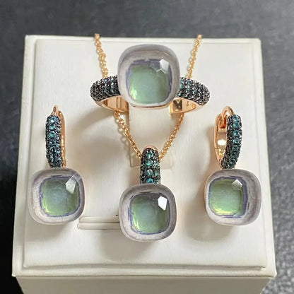 3Pcs Gun Black Plated Blue Zircon Jewelry Set for Women Includes Ring Earrings Necklace Elegant Crystal Blue Topaz Matching Gift