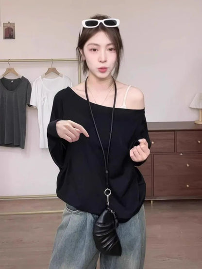 Autumn Winter One Shoulder Cotton Long Sleeve Slant Shoulder Women's Clothing Style Interior Wide Truffle Shoulder Base Shirt
