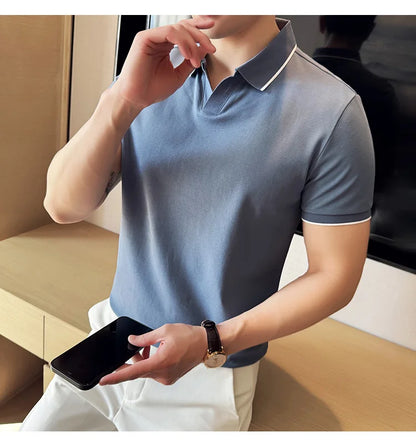 Business Casual Solid Color Men's Polo Shirt, 2024 Summer Classic, Men Short Sleeve V-neck T-shirt, Slim Fit Spliced Polo 4XL-M