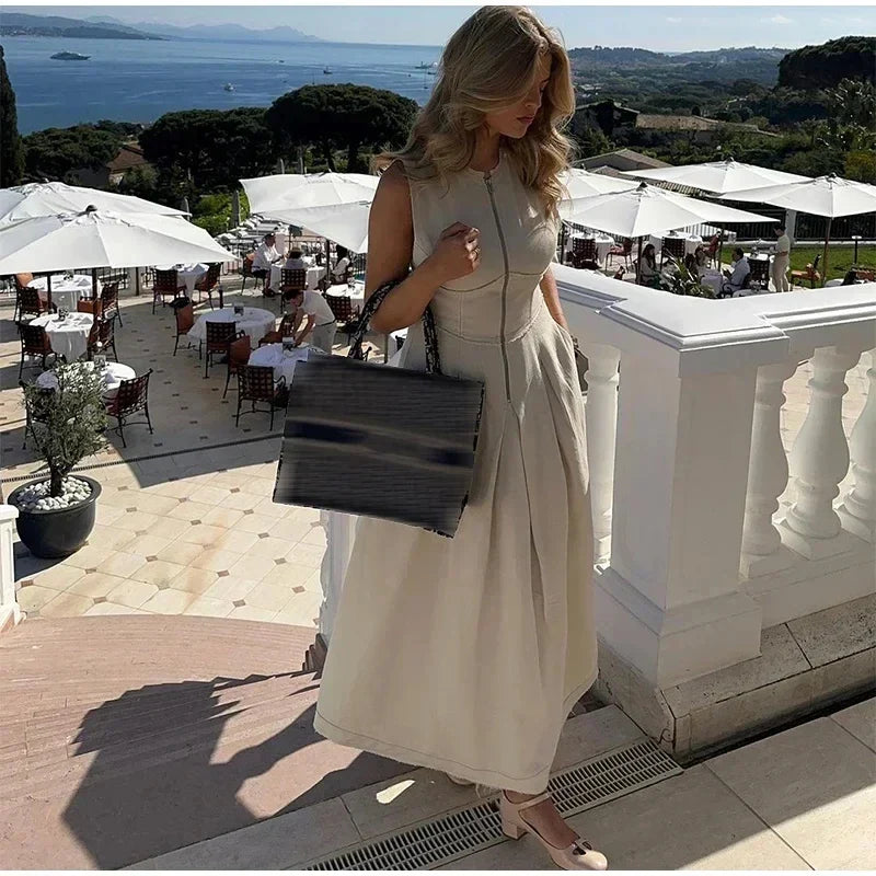 Draped Long Dresses for Women Zip Sleeveless Maxi Dress Woman Summer Holiday Womens Dresses Ruched Party Female Dress