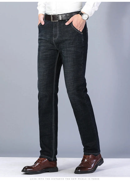 2023 Winter Men Black Blue Straight Stretch Denim Thick Velvet Pants Warm Jeans Casual Fleece Line Trousers Male Plus Size