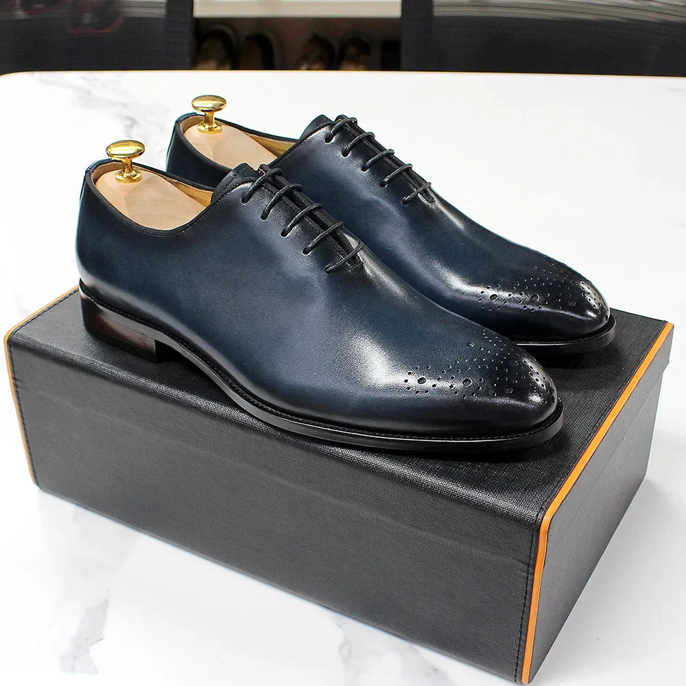Genuine Leather Mens Formal Shoes Handmade Classic Whole Cut Oxfords Business Lace-up Plain Toe Wedding Dress Shoes for Men