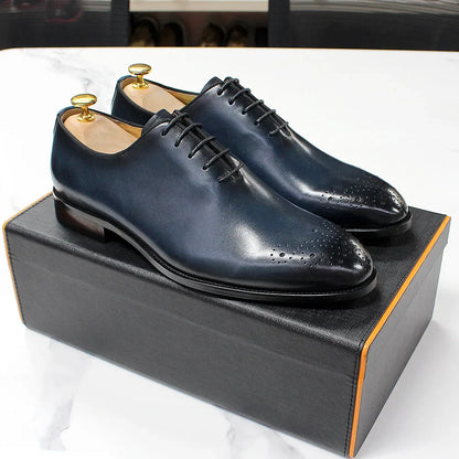 Genuine Leather Mens Formal Shoes Handmade Classic Whole Cut Oxfords Business Lace-up Plain Toe Wedding Dress Shoes for Men