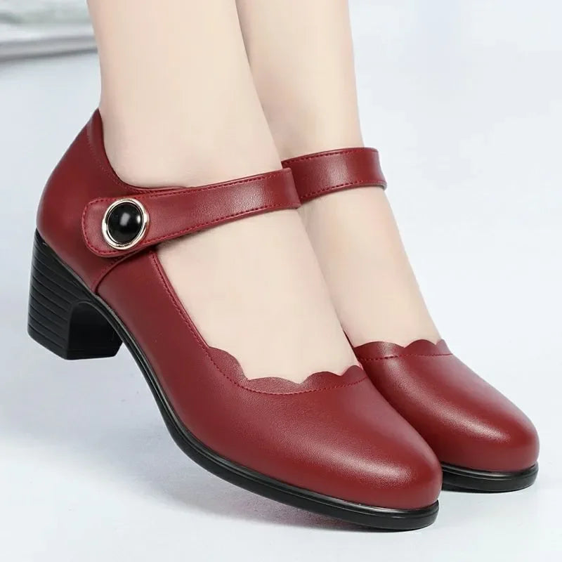 women fashion round toe buckle strap patent leather office high heel shoes lady classic wine red shoes  ba05