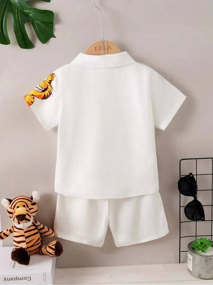2PCS Summer Kid Boy Gentlemen Clothes Set Cartoon Pattern Lapel Collar Top with Shorts Birthday Party Wear for Toddler 1-6 Years