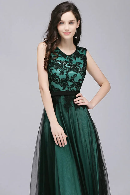 Elegant Black Lace Red Evening Dresses Long Appliques Chiffon With Sashes Pink Green Burgundy Formal Prom Gown Vestido de Fiesta