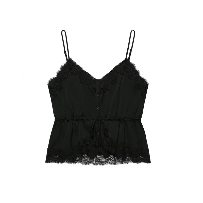 Women's Top 2026 New Spring Summer Lace Decoration Satin Textured Top for Women Chic Personality Female Spaghetti Strap Top