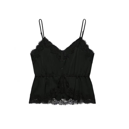 Women's Top 2026 New Spring Summer Lace Decoration Satin Textured Top for Women Chic Personality Female Spaghetti Strap Top