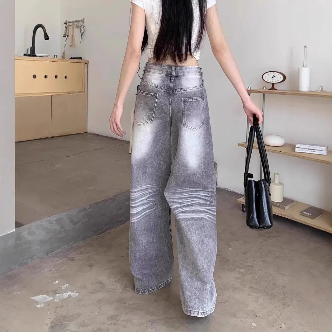 High Waist Wide Leg Grey Washed American Style Jeans