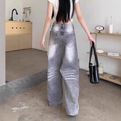High Waist Wide Leg Grey Washed American Style Jeans