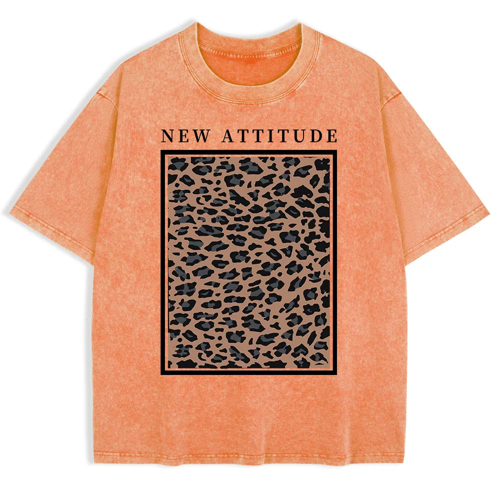 Cotton Washed T-shirt for Women New Attitude Fashion Leopard Prints Tops Loose O-Neck Oversized Short Sleeve Y2k Female Clothes