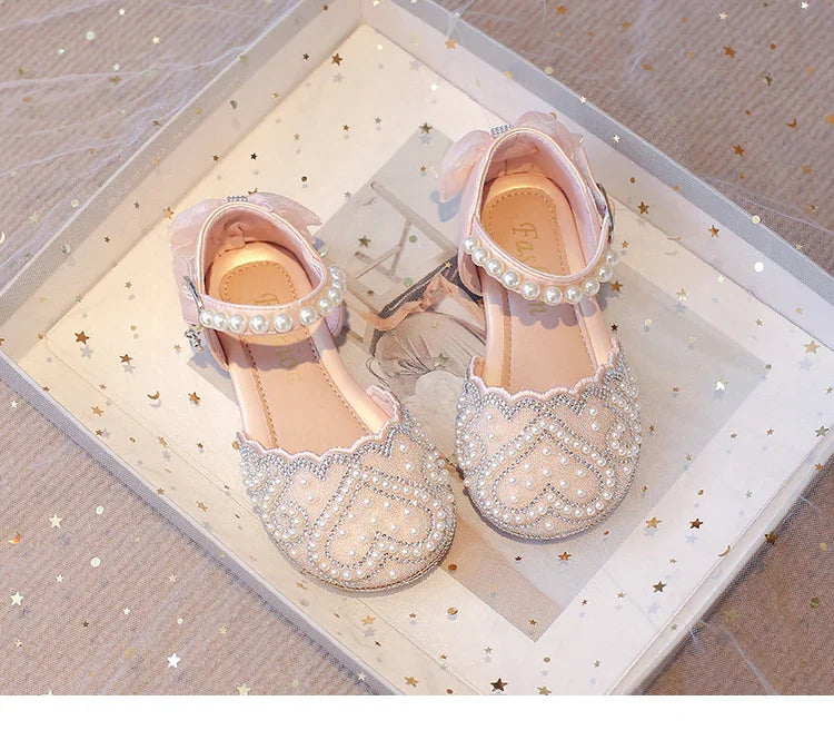 2025Summer Girls Sandals With Heel Fashion Rhinestone Shiny Glitter Shoes Children Princess Bowtie Pearl Dancing Shoes