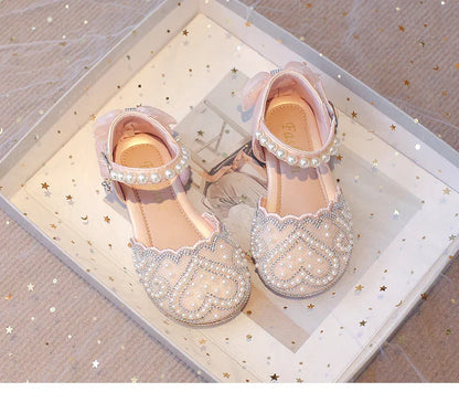 2025Summer Girls Sandals With Heel Fashion Rhinestone Shiny Glitter Shoes Children Princess Bowtie Pearl Dancing Shoes
