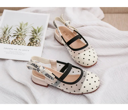 Mesh Black White Polka Dot Shoes Sandals for Girls with Heels Mules Sling Back Shoes for Girls Luxury Shoes for Girls To Dress