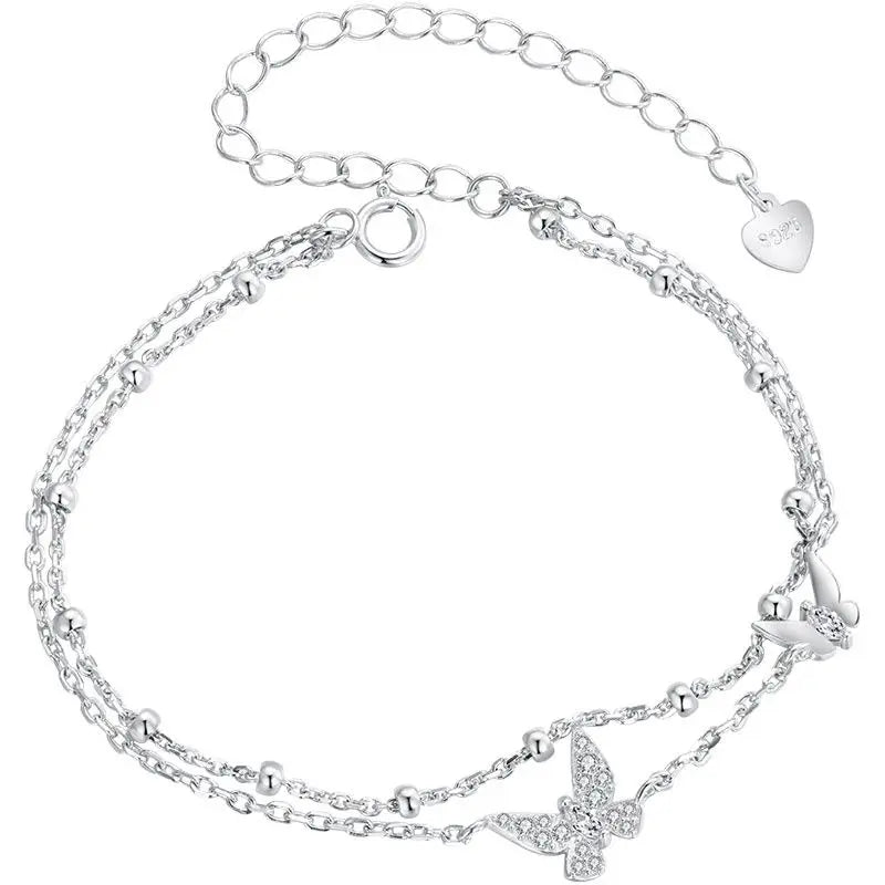 Double-Layer Butterfly Bracelet 925 Sterling Silver Adjustable CZ Layered Beads Wrist Chain Dainty Party Gift for Women