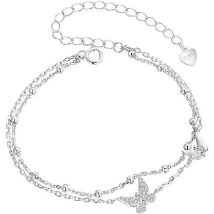 Double-Layer Butterfly Bracelet 925 Sterling Silver Adjustable CZ Layered Beads Wrist Chain Dainty Party Gift for Women