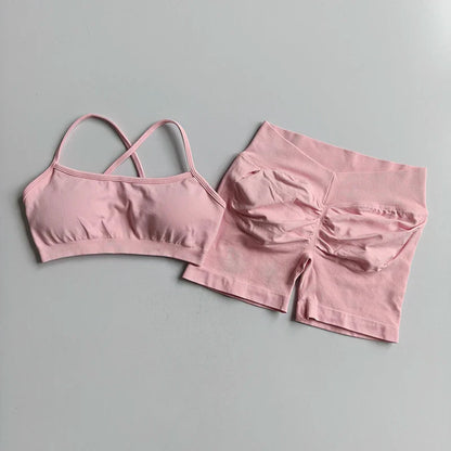 2PCS Women's High Waist Seamless Yoga Gym Set Sports Bra Top with Scrunch Shorts Fitness Workout Sportswear