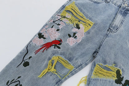 Chinese Painting Embroidered Patch Denim Ripped Jeans for Men Streetwear Pleated Tassels Distressed Destroyed Jean Straight Male