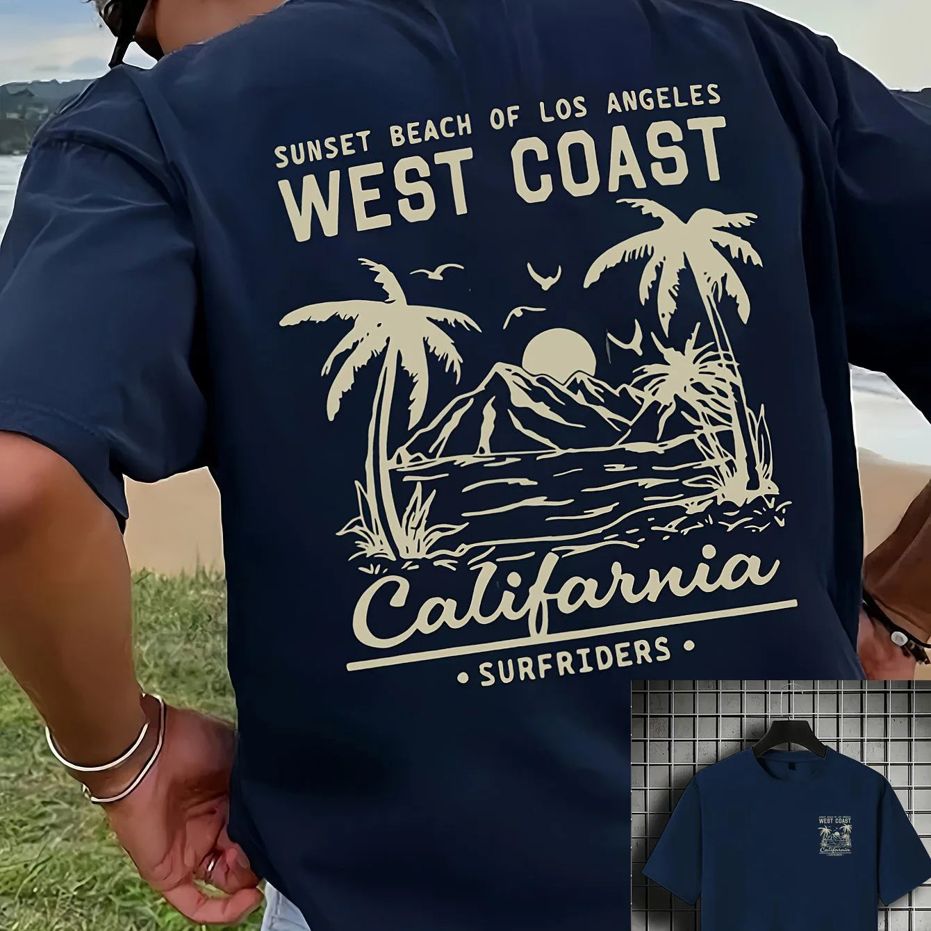 Summer Hot Selling Men's 100% Cotton T-Shirt, Casual Loose Fit, Retro California Beach Surf Print Short Sleeve Crew Neck T-Shirt