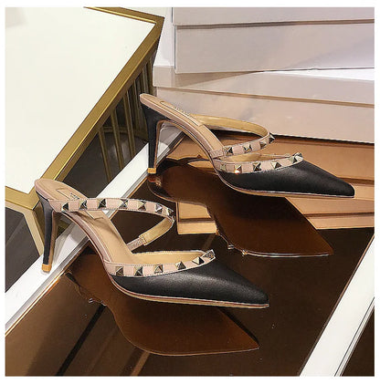 2025 New Genuine Leather Gladiator Pumps Sandals Luxury Metal Rivets Summer Women Outdoor Slippers Black Fashion High Heels 41