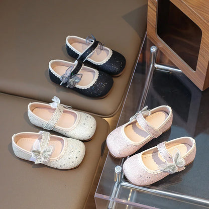 New Girls Princess Shoes Fashion Children's Bow Rhinestone Sequin Kids Shoes Baby Party Student Flat Performance Shoes