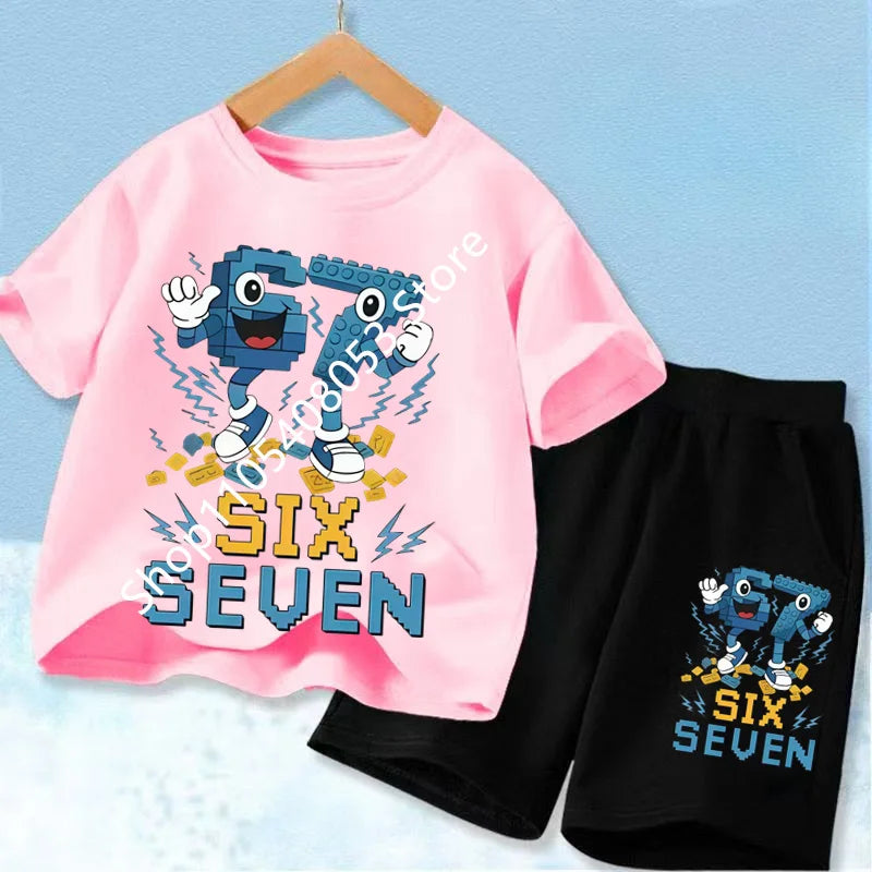 New 67 Number Six Seven Print Kids Cool Summer T-shirt 3-12Yrs Clothes Cartoon Short-sleeved+Shorts Boys Girls Sports Casual Set