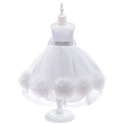 Elegant Trailing Flower Party Girls Dress Summer Wedding Bridesmaid Princess Prom Dress Girl Tull Bow Birthday Evening Ball Gown