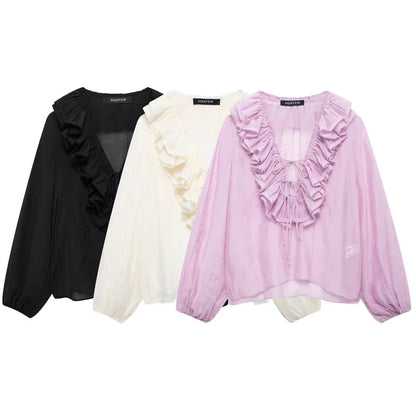 Woman 2025 Oversized Frill Blouse Spring Shirts & Blouses See-Through Chiffon Long Sleeve Top Layered Plus Size Shirts 066