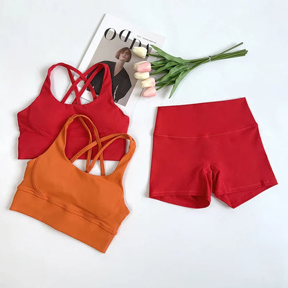 2Pcs Yoga Sets Naked Feel Gym Set Women Workout Clothes High Waist Yoga Shorts And Strappy Sports Bra Short Sets Summer