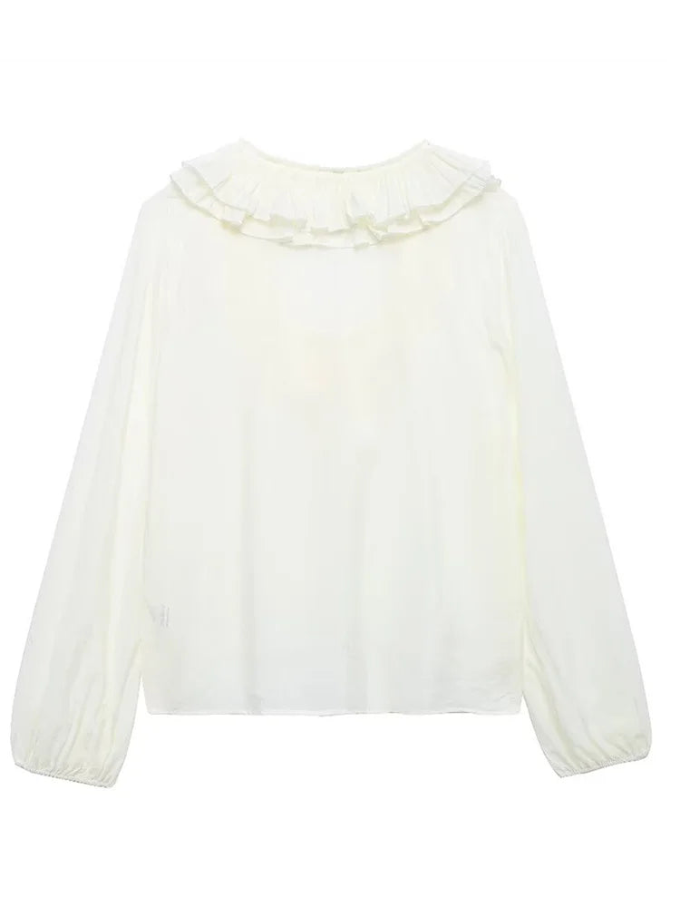 Women Fashion Long Sleeve V Neck Tierred Ruffles Loose Blouse Female Solid Color Casual Shirts Blusas Chic Tops LS6317